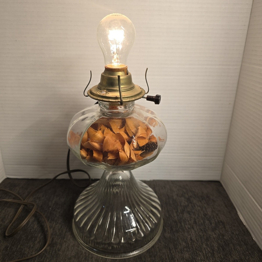 Vintage Clear Glass Electric Hurricane Table Lamp Ribbed Base Brass Tone 10in
